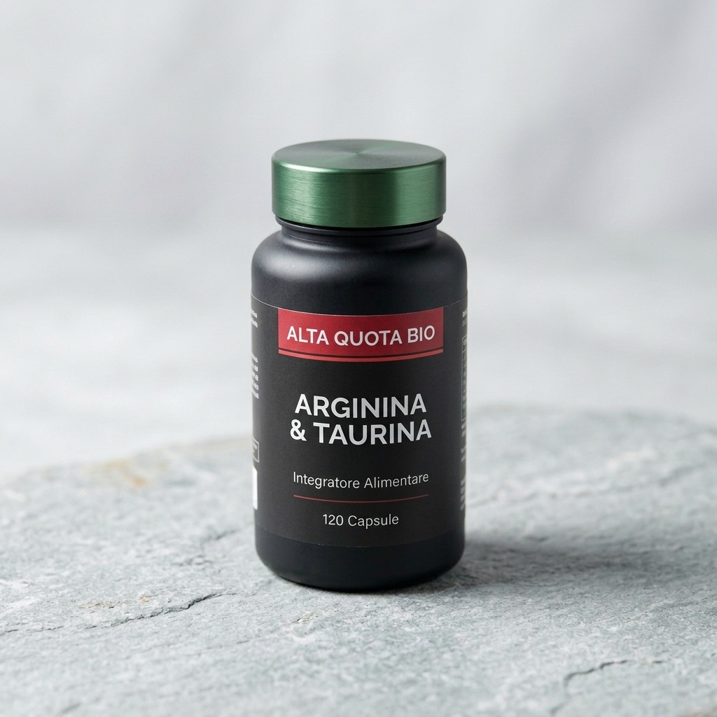 Flacone antracite opaco di ALTA QUOTA BIO ARGININA & TAURINA da 120 capsule
