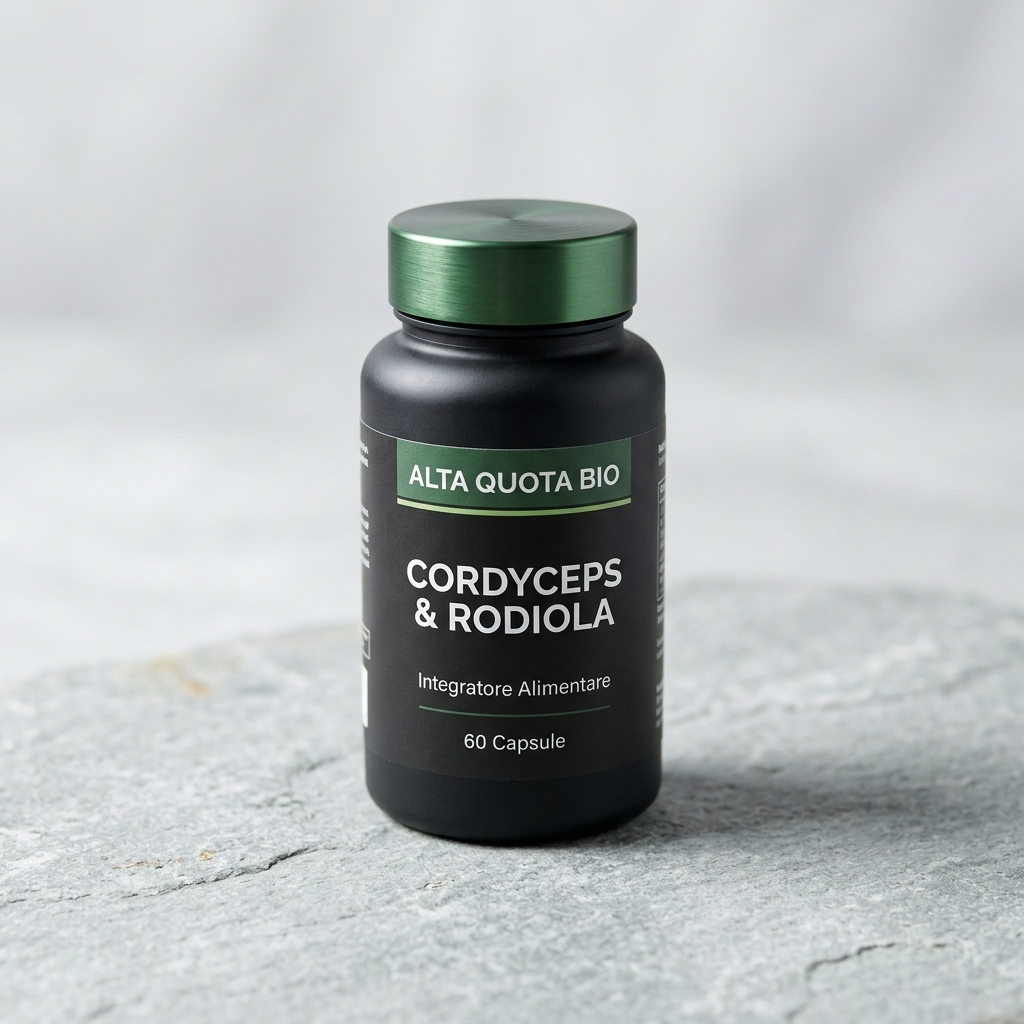 Flacone antracite opaco di ALTA QUOTA BIO CORDYCEPS & RODIOLA da 60 capsule con tappo verde foresta